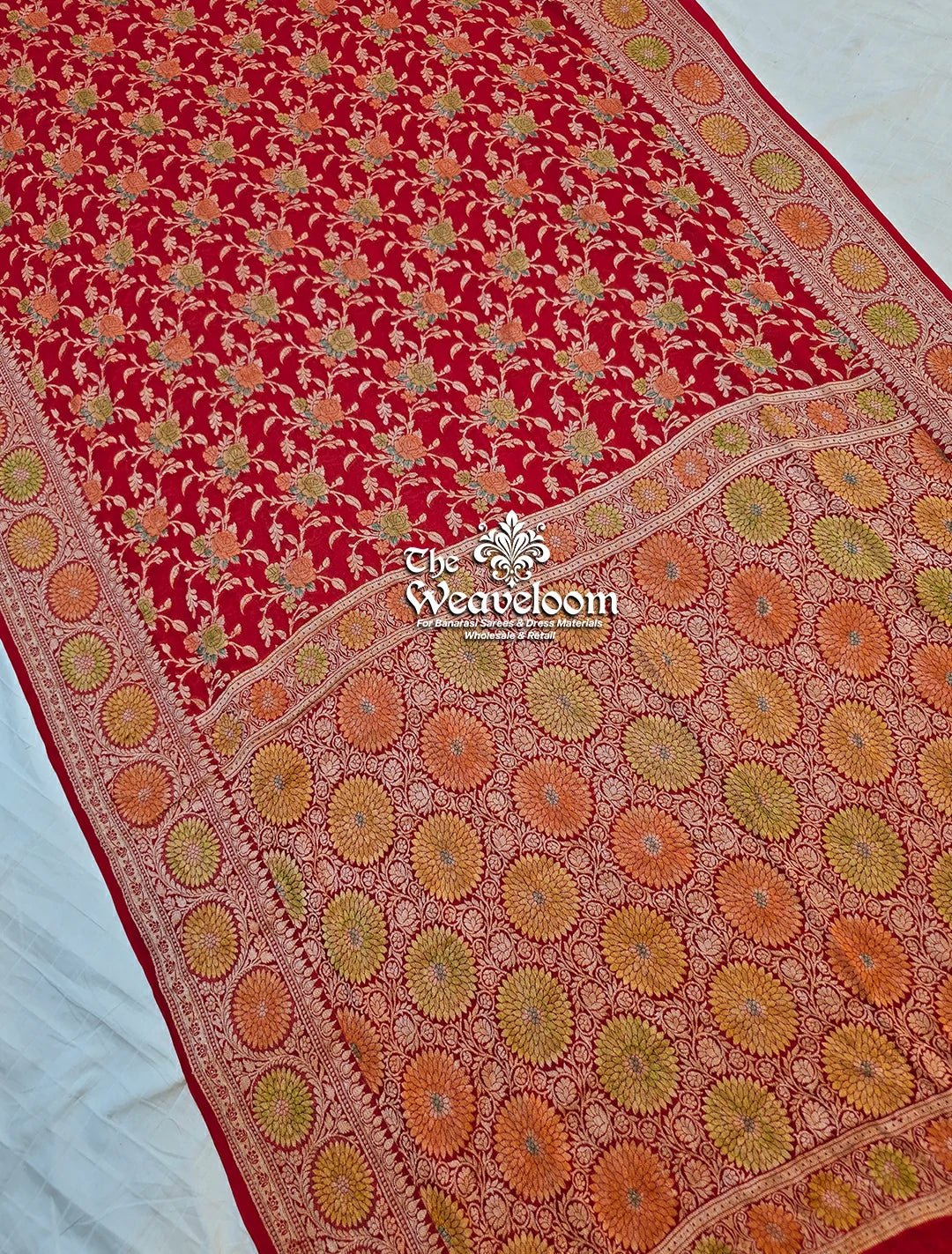 Red Pure Khaddi Chiffon Banarasi Saree – Lightweight, Elegant, and 100% Colour Customizable – The Weaveloom