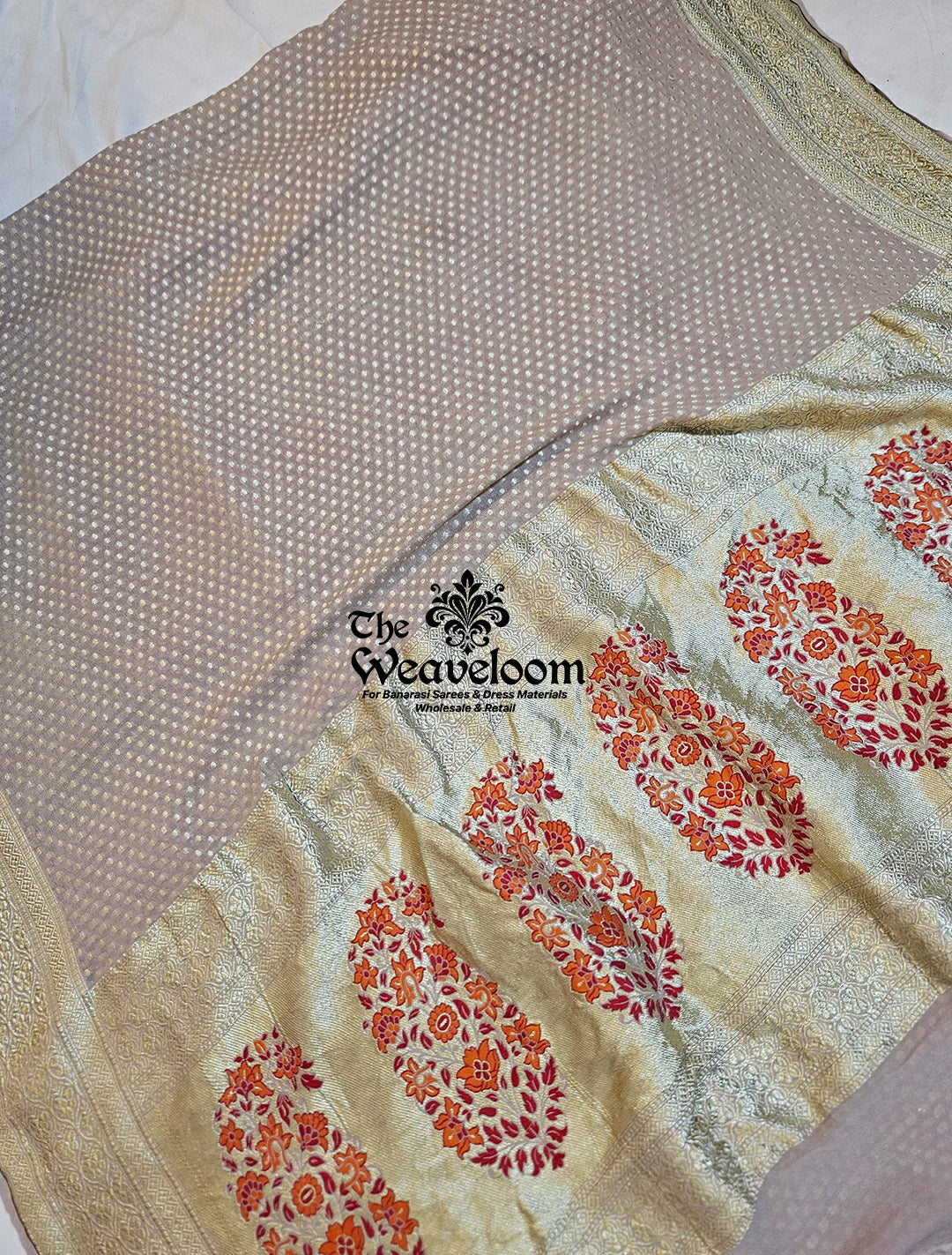 Reddish Grey Khaddi Georgette Water Zari Pure Banarasi Saree with Meenakari on Aanchal – Lightweight and elegant saree with running blouse and free shipping