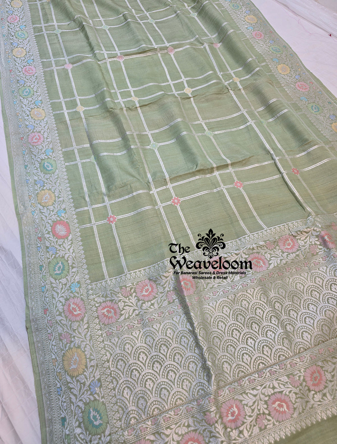 Pista Tussar Georgette Pure Banarasi Saree with intricate Meenakari work, featuring a 6.5-meter length and a running blouse, customizable in any colour of your choice.