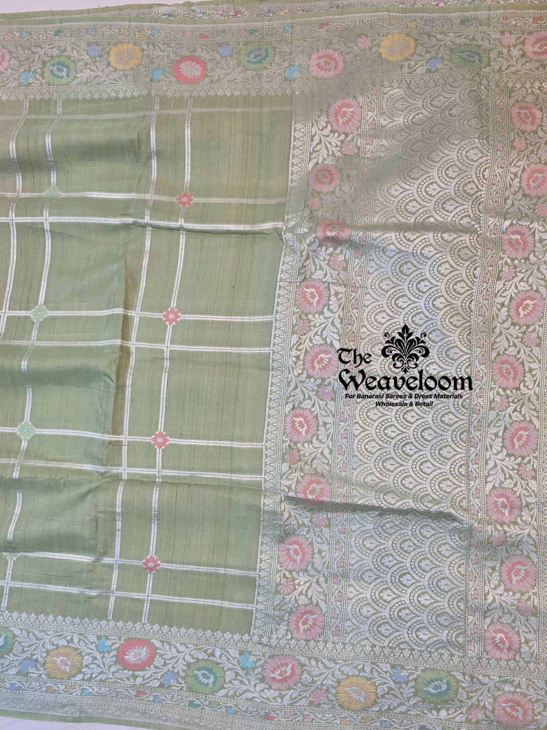 Pista Tussar Georgette Pure Banarasi Saree with intricate Meenakari work, featuring a 6.5-meter length and a running blouse, customizable in any colour of your choice.