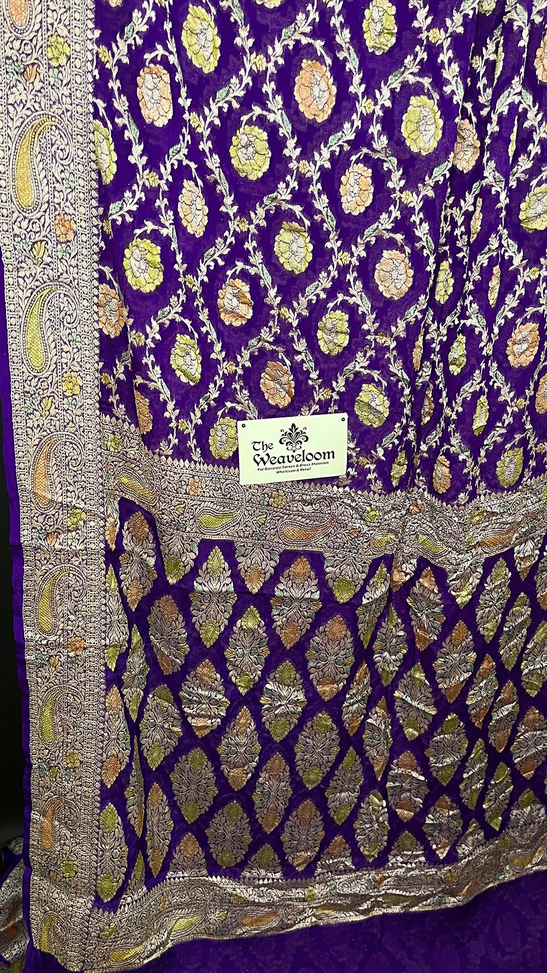Violet Crepe Georgette Pure Banarasi Saree Floral Buti Paisley Border - The Weaveloom