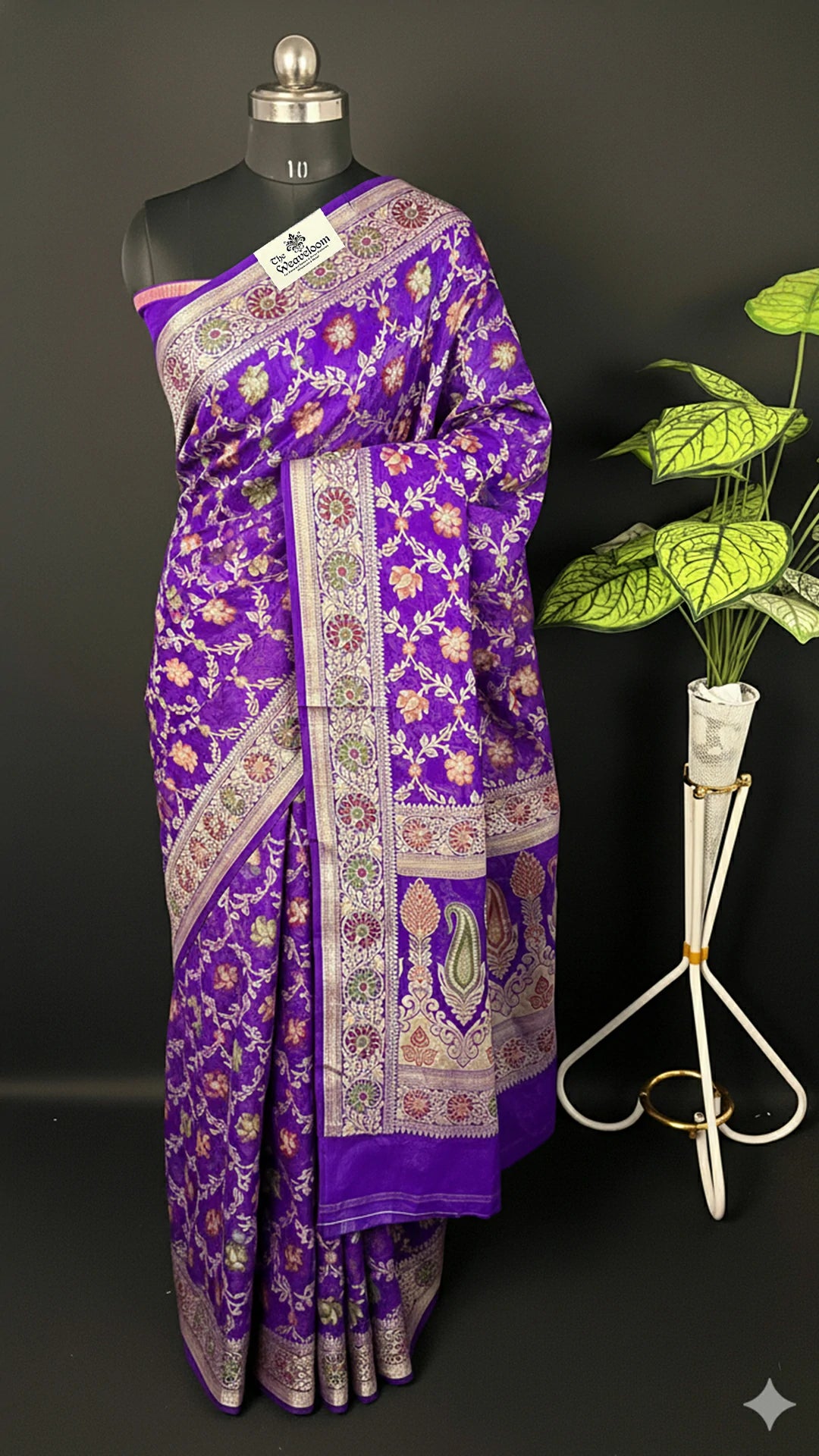 Violet - Pure Khaddi Chiffon Banarasi Saree with Meenakari Floral Zari & Paisley Border - The Weaveloom