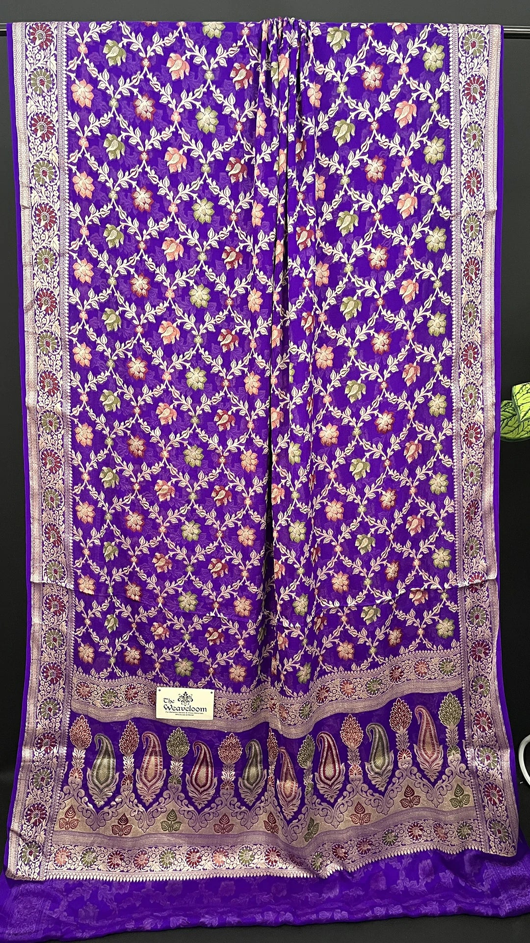 Violet - Pure Khaddi Chiffon Banarasi Saree with Meenakari Floral Zari & Paisley Border - The Weaveloom