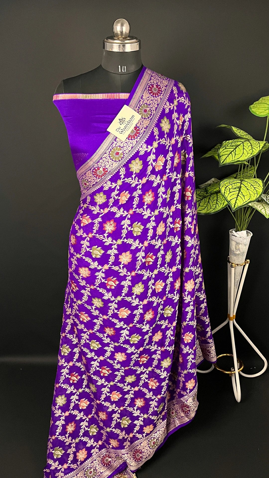 Violet - Pure Khaddi Chiffon Banarasi Saree with Meenakari Floral Zari & Paisley Border - The Weaveloom