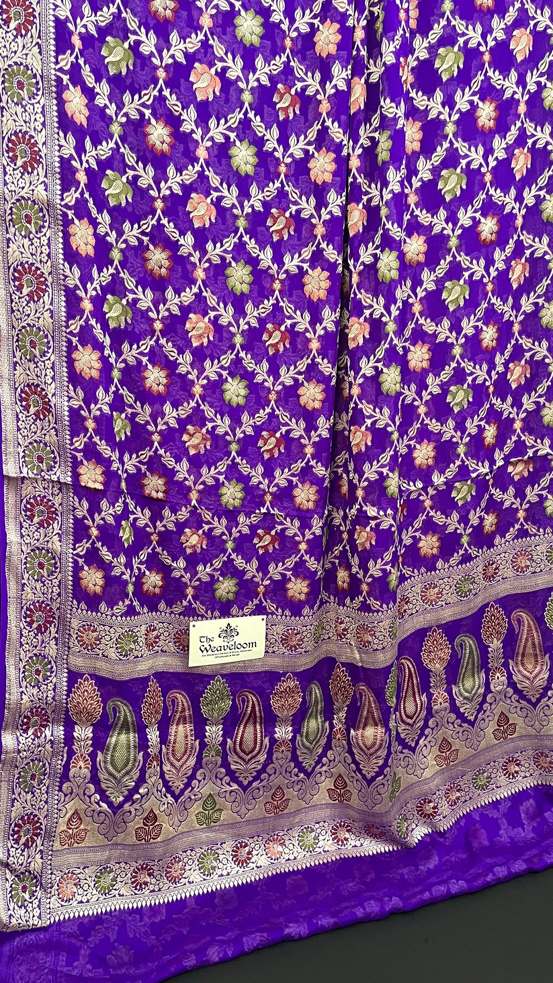 Violet - Pure Khaddi Chiffon Banarasi Saree with Meenakari Floral Zari & Paisley Border - The Weaveloom