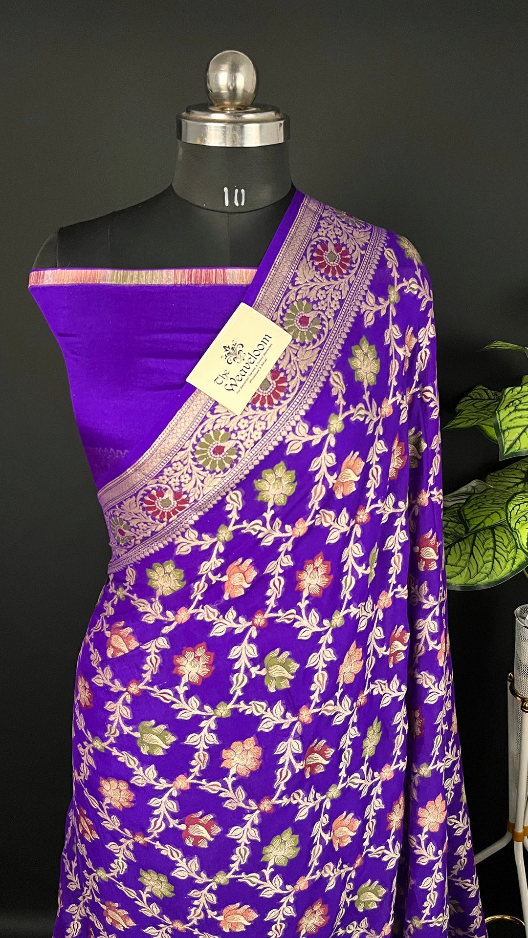 Violet - Pure Khaddi Chiffon Banarasi Saree with Meenakari Floral Zari & Paisley Border - The Weaveloom