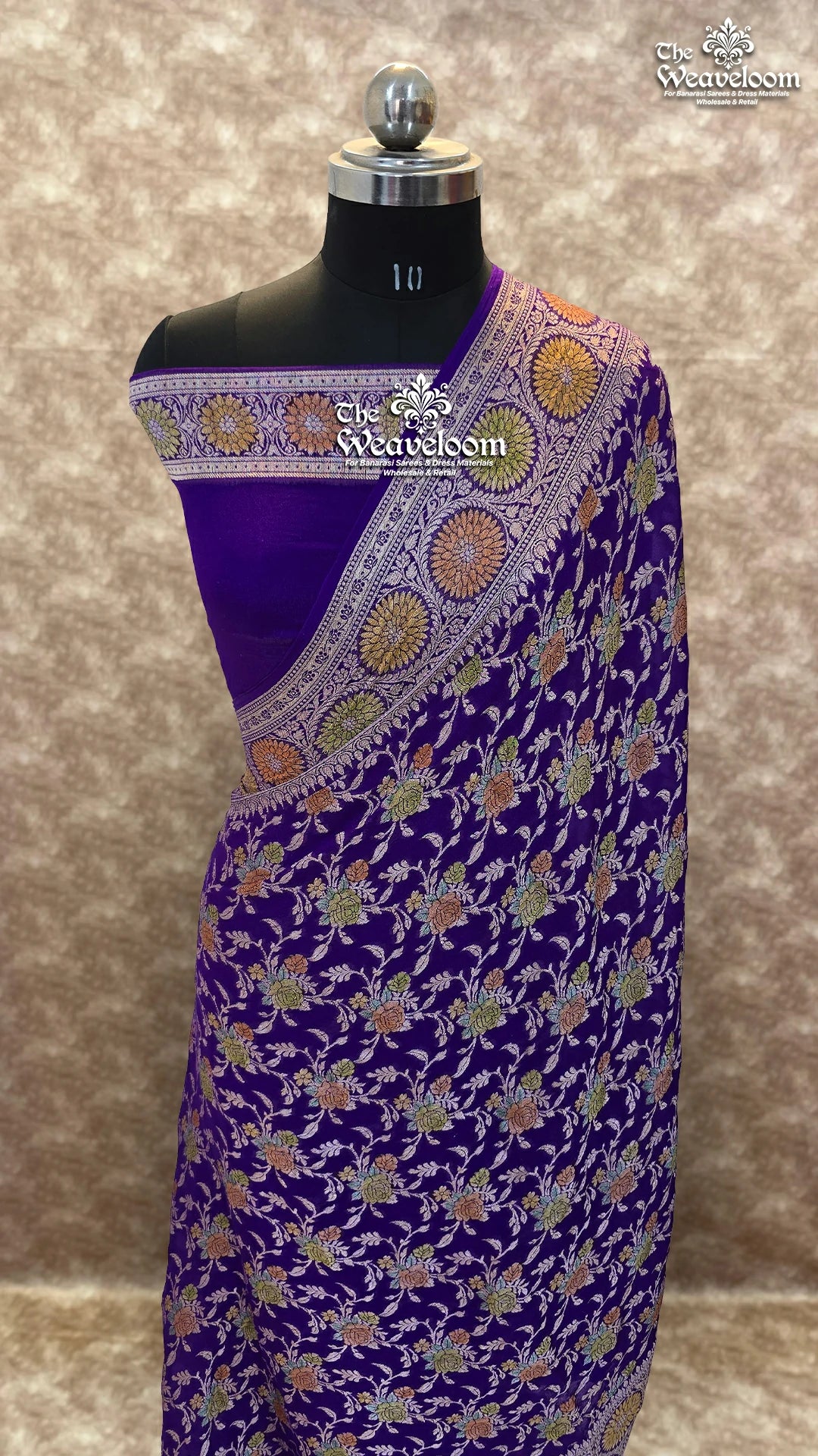 Violet Pure Khaddi Chiffon Banarasi Saree with floral jaal work from The Weaveloom. Elegant, lightweight & perfect for festive occasions.