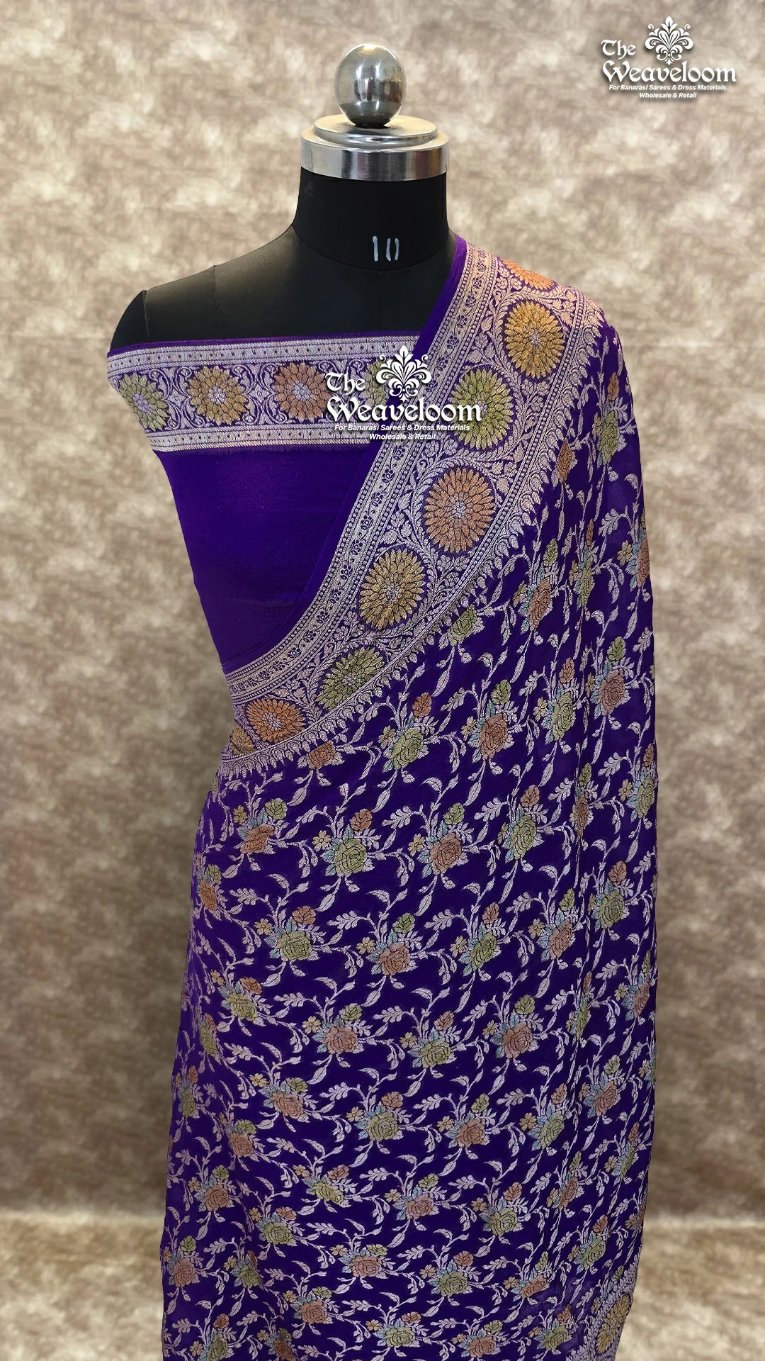 Violet Pure Khaddi Chiffon Banarasi Saree with floral jaal work from The Weaveloom. Elegant, lightweight & perfect for festive occasions.