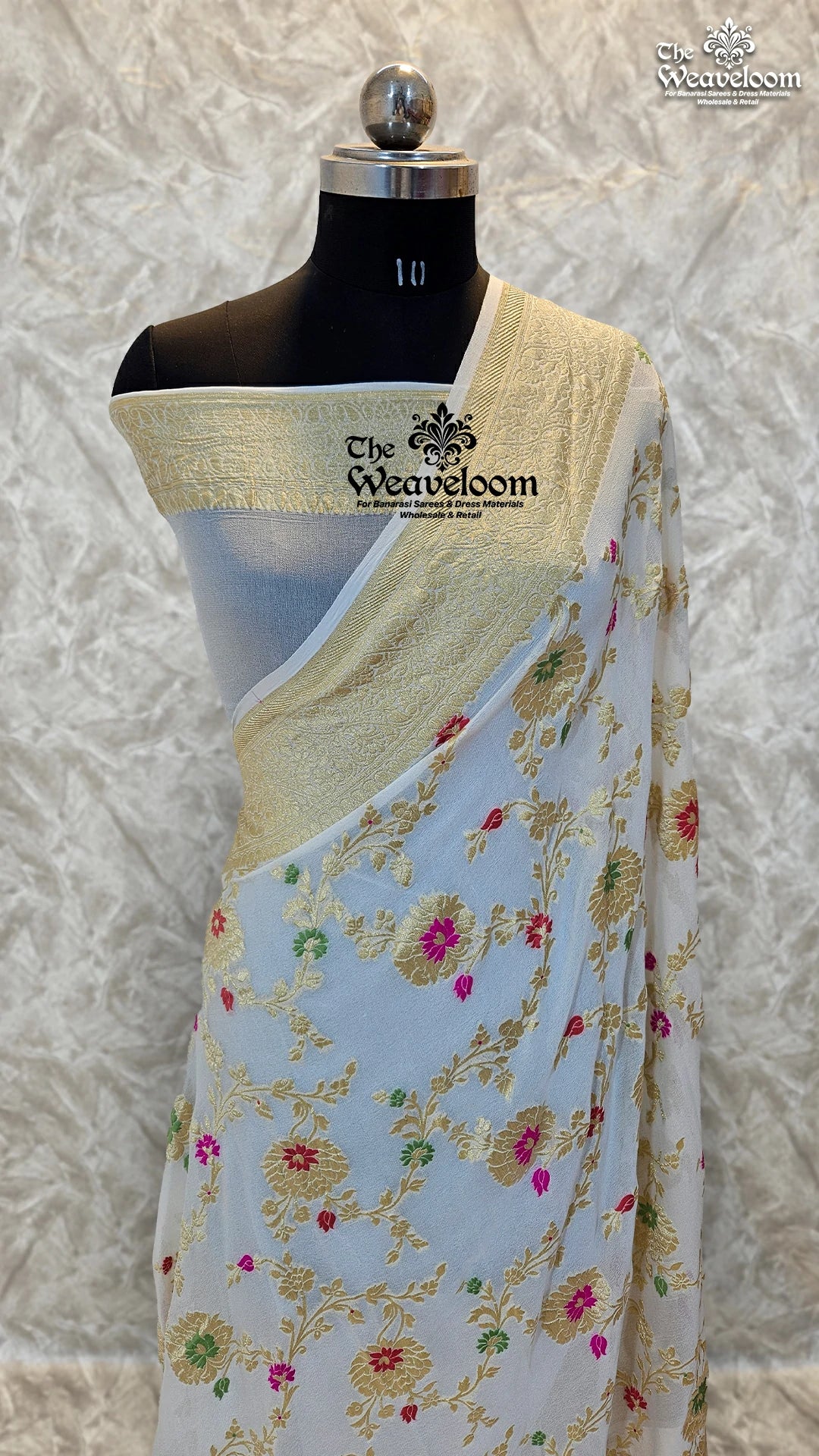 White Khaddi Georgette Water Zari Pure Banarasi Saree with Meenakari, showcasing delicate Meenakari work and luxurious lightweight fabric.