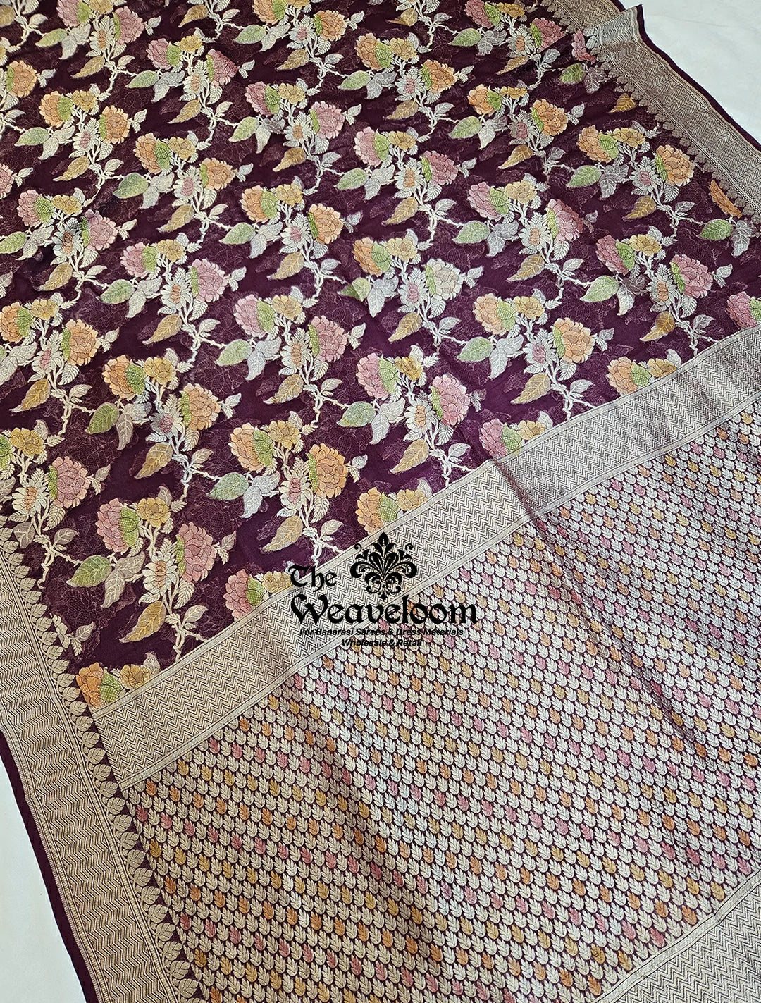 Khaddi Georgette Pure Banarasi Saree in Wine Colour with Water Zari, Floral Design, Customizable Colours, Free Shipping Available