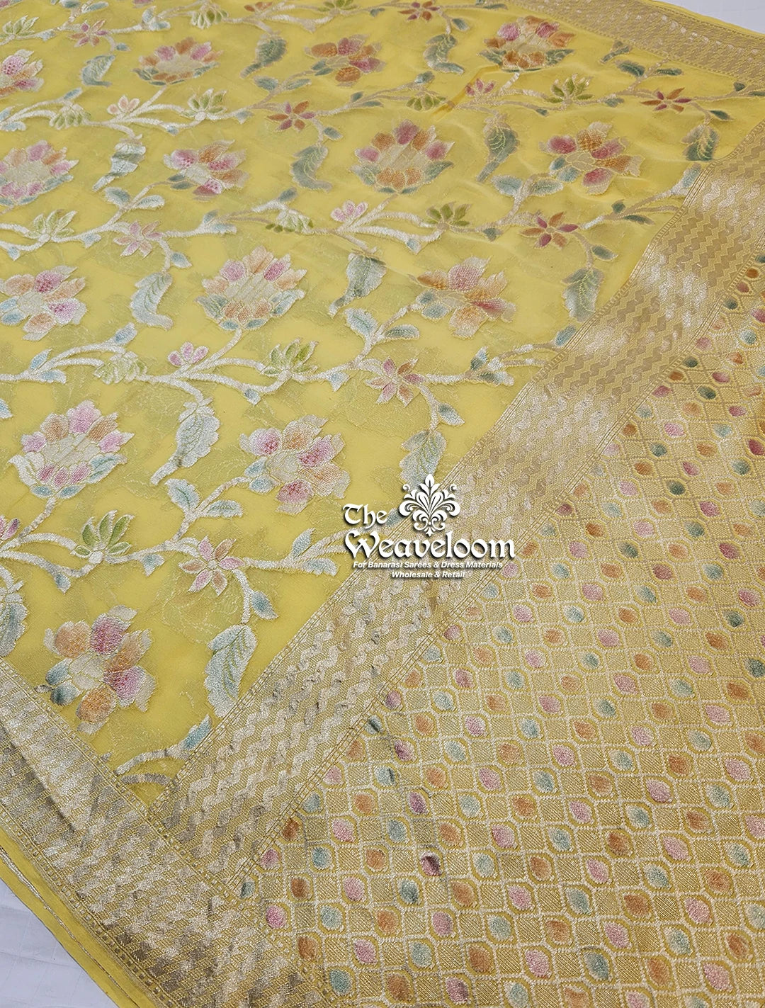 Yellow Khaddi Georgette Water Zari Pure Banarasi Saree by The Weaveloom