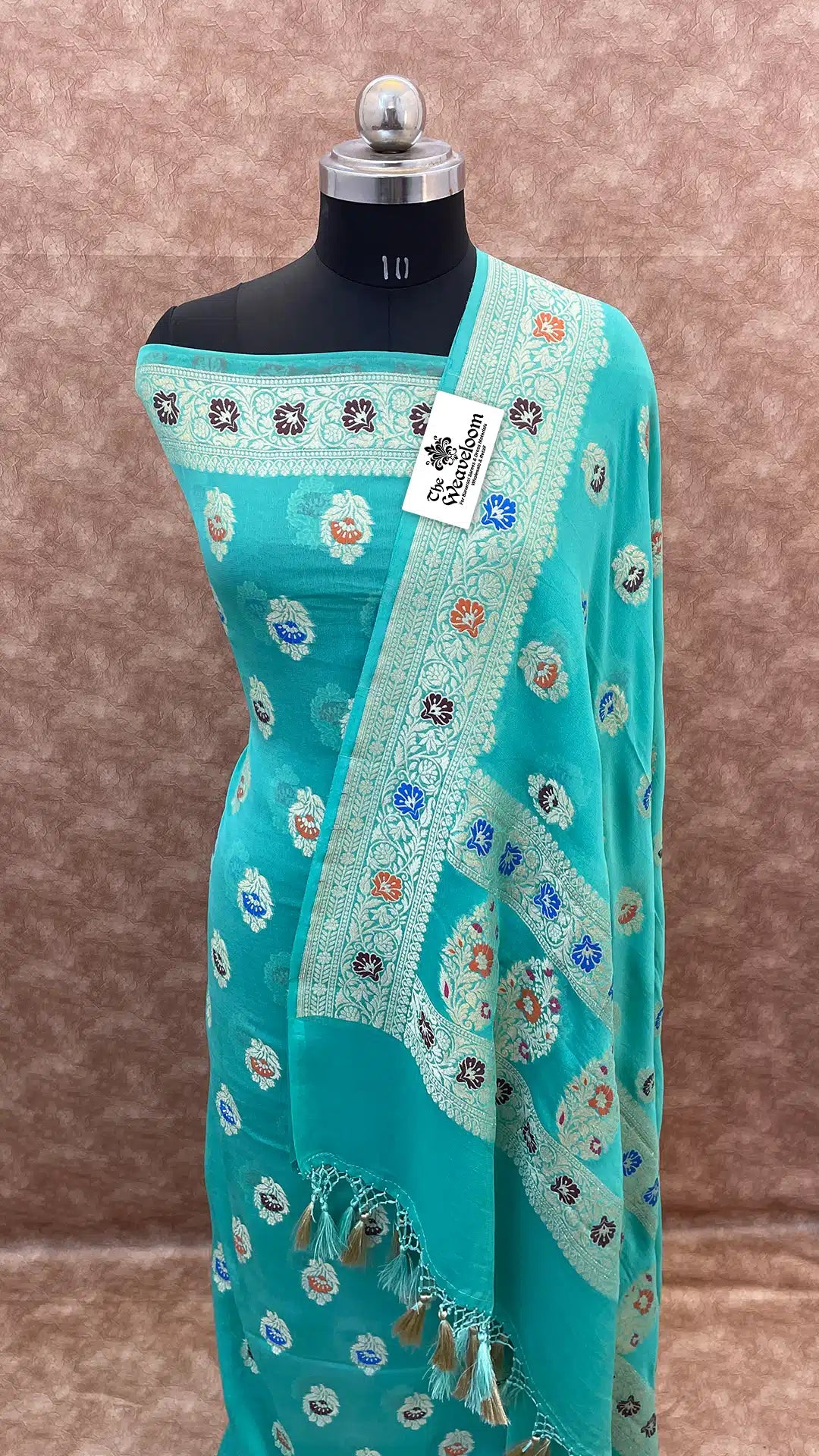 The Weaveloom aqua georgette meenakari dress material with zari dupatta – unstitched salwar suit set