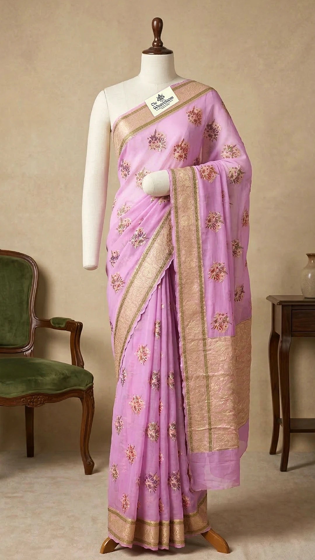 Baby Pink Floral Meenakari Crepe Georgette Pure Banarasi Saree with Golden Zari Border The Weaveloom