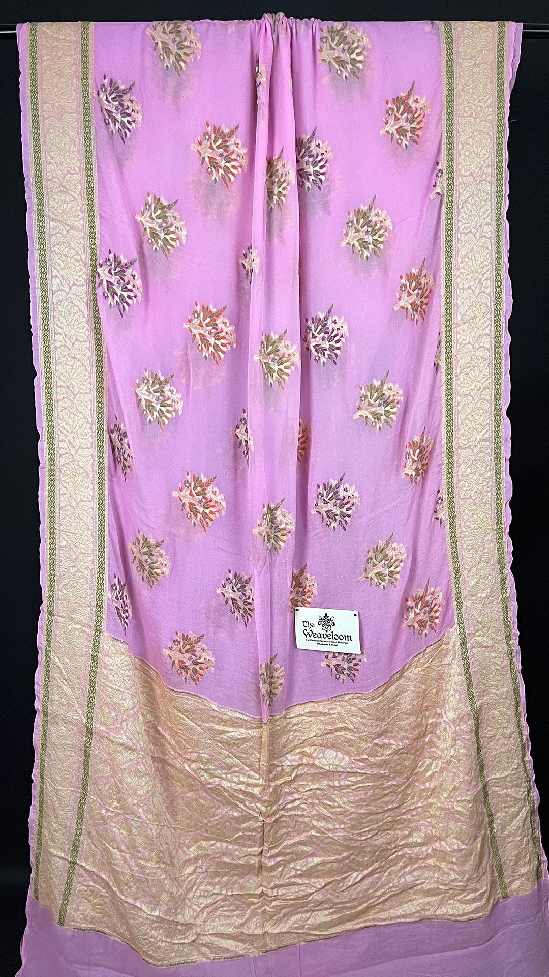 Baby Pink Floral Meenakari Crepe Georgette Pure Banarasi Saree with Golden Zari Border The Weaveloom