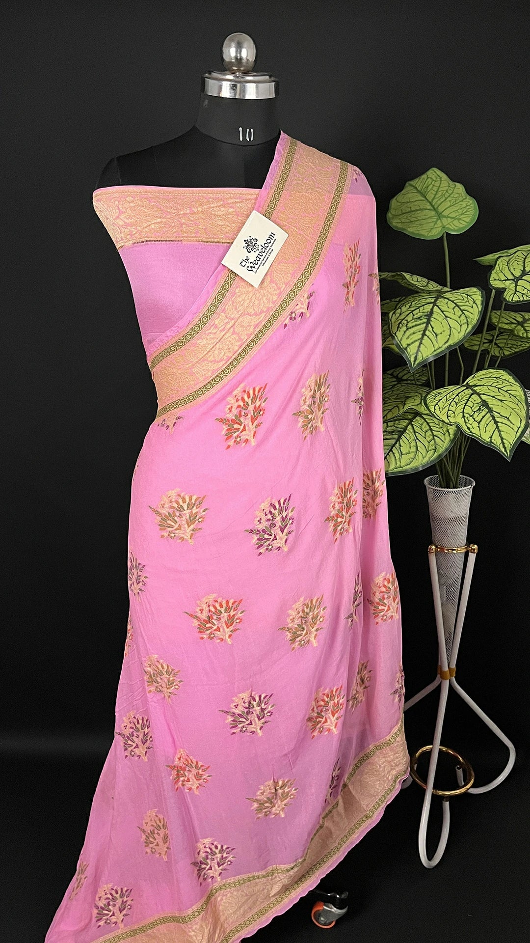 Baby Pink Floral Meenakari Crepe Georgette Pure Banarasi Saree with Golden Zari Border The Weaveloom