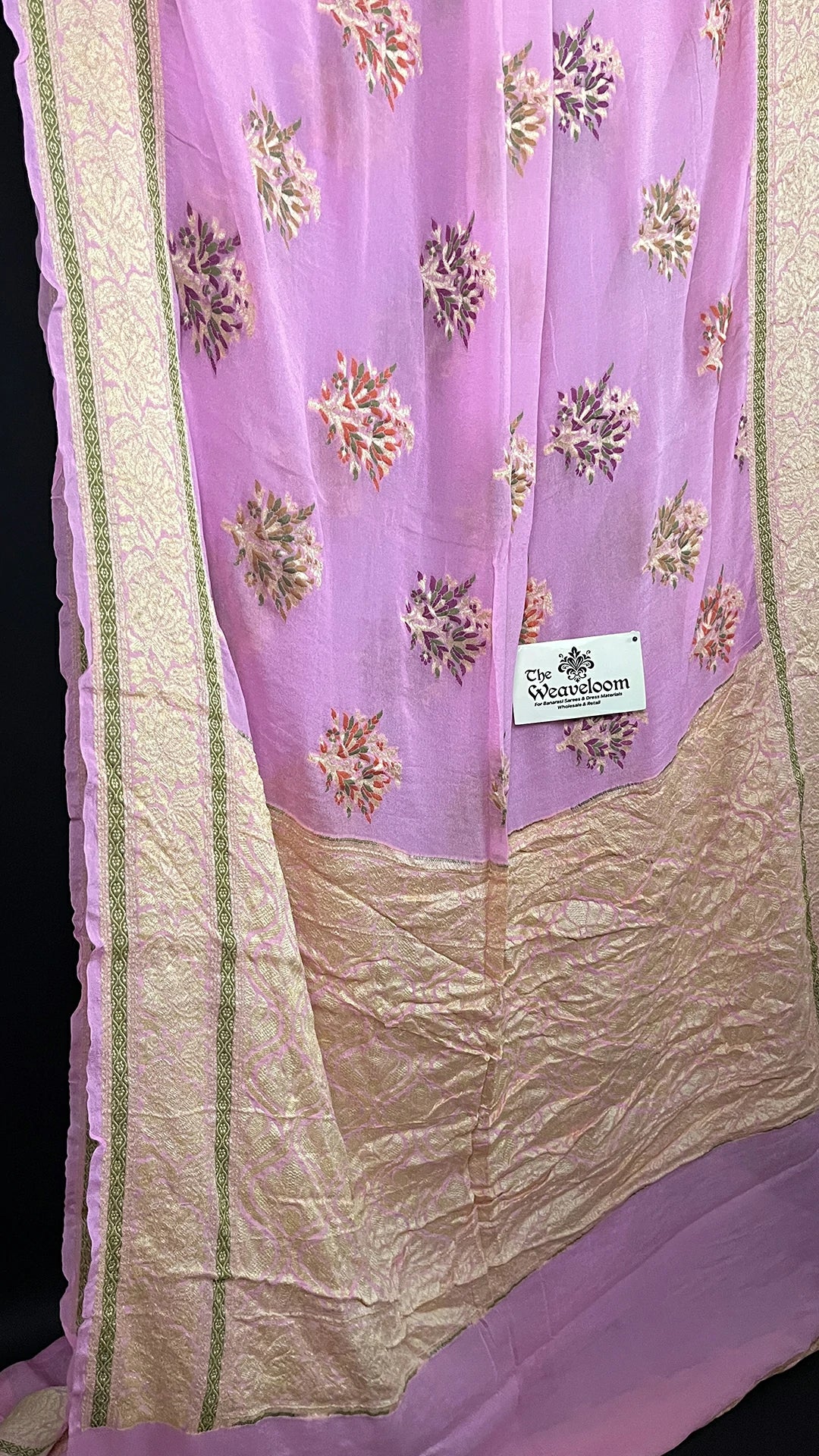 Baby Pink Floral Meenakari Crepe Georgette Pure Banarasi Saree with Golden Zari Border The Weaveloom