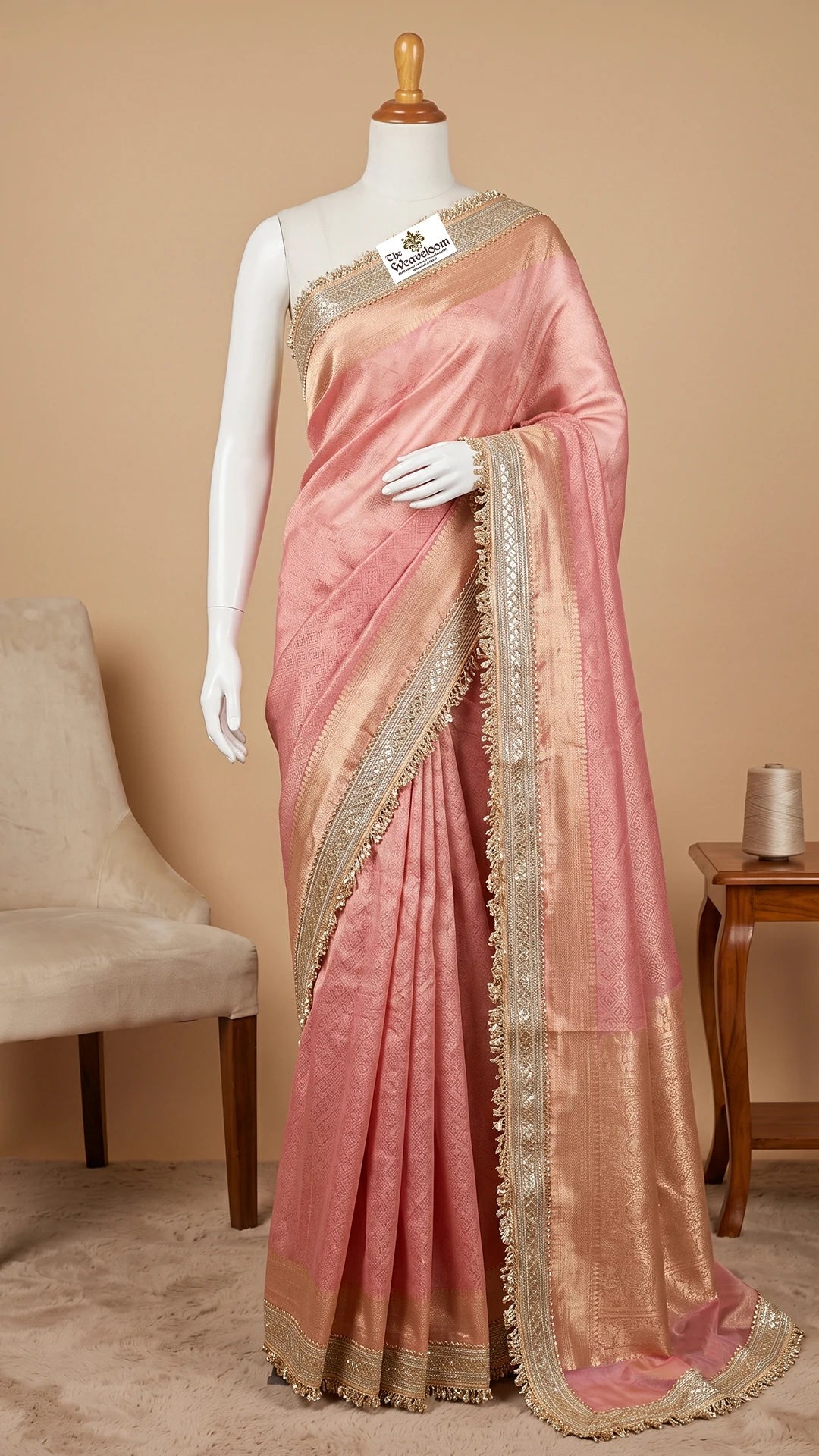 Baby Pink Floral Tissue Silk Pure Banarasi Saree by The Weaveloom
