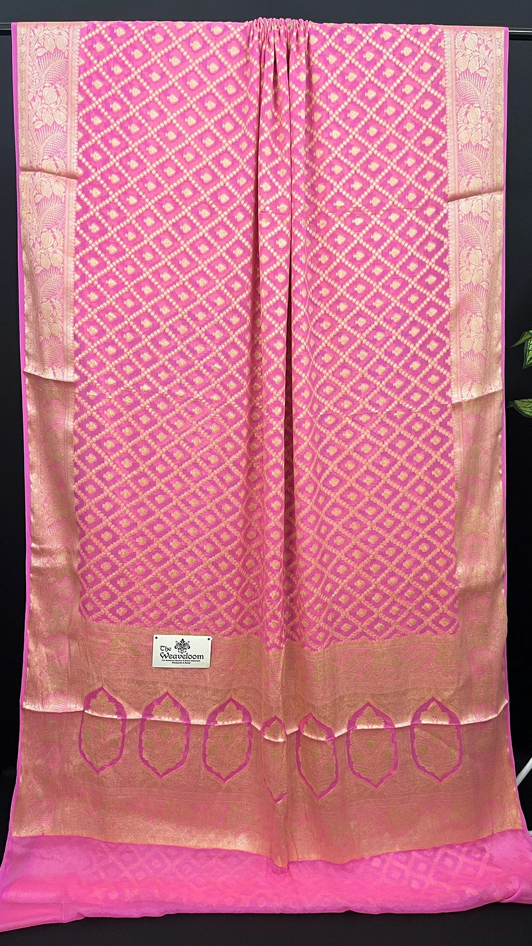Baby Pink Khaddi Chiffon Pure Banarasi Saree with Golden Geometric Buti and Floral Pallu — The Weaveloom