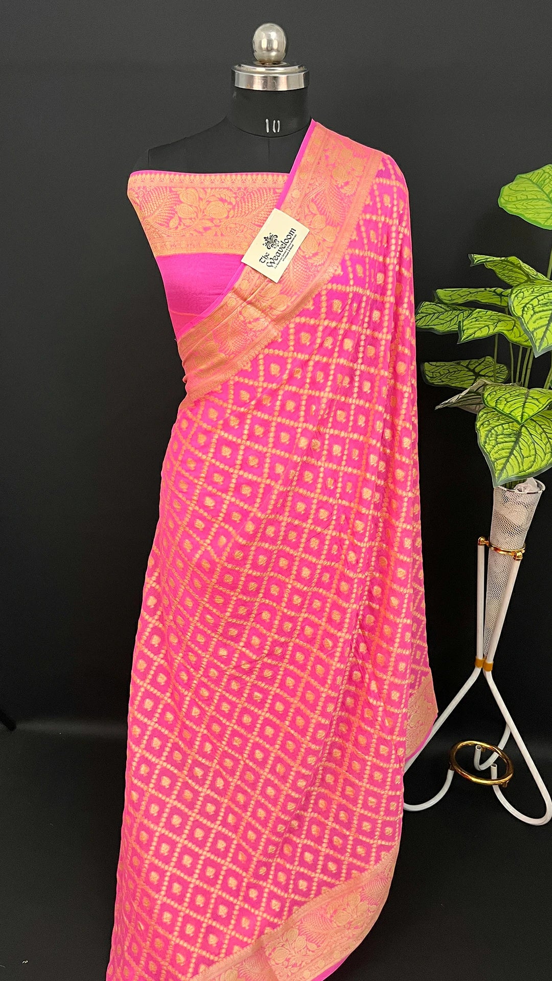 Baby Pink Khaddi Chiffon Pure Banarasi Saree with Golden Geometric Buti and Floral Pallu — The Weaveloom