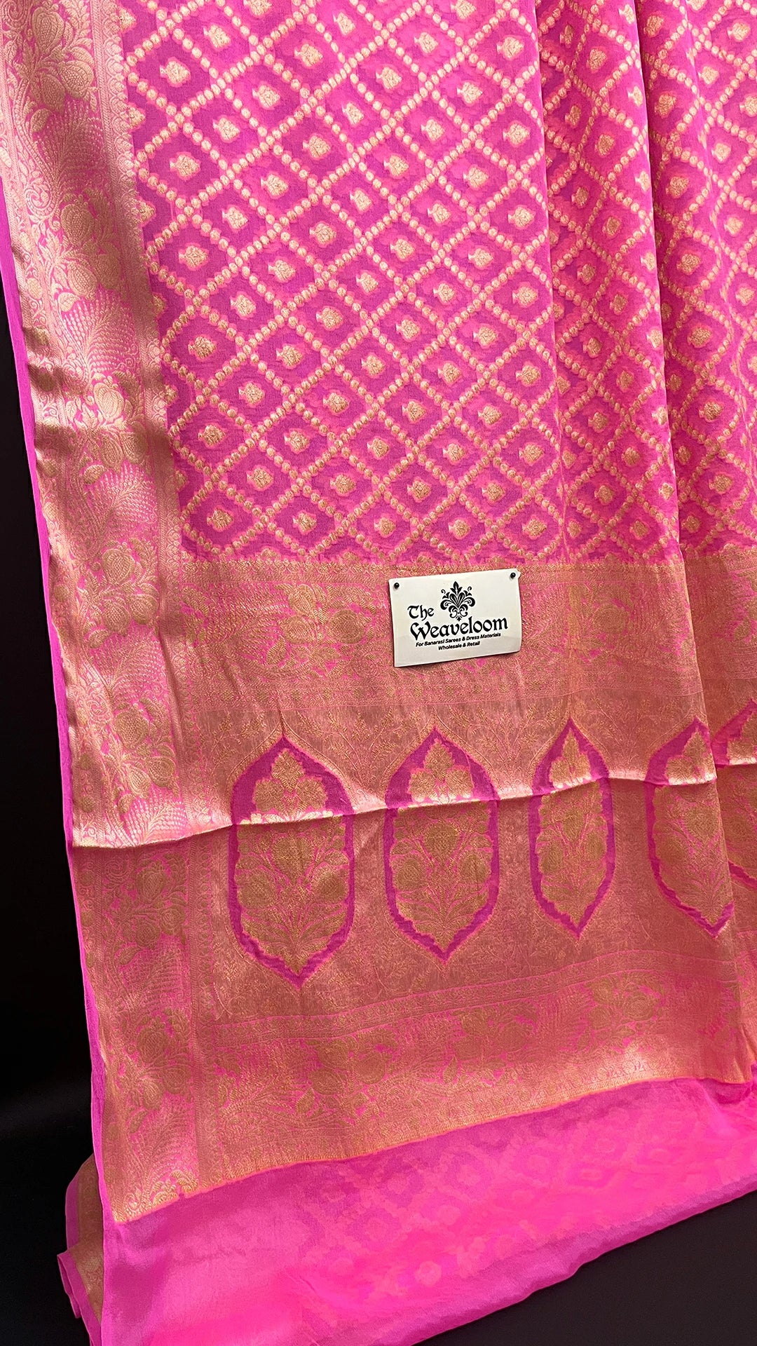 Baby Pink Khaddi Chiffon Pure Banarasi Saree with Golden Geometric Buti and Floral Pallu — The Weaveloom