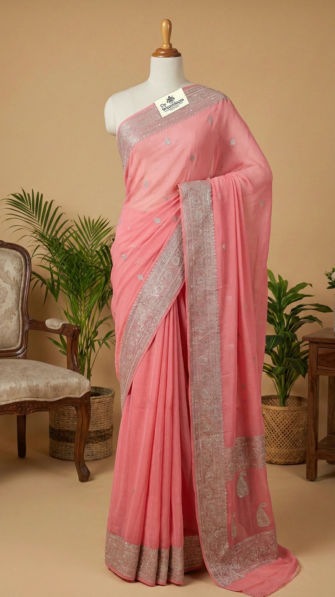 Baby Pink Khaddi Georgette Pure Banarasi Saree with Silver Zari Paisley Motifs by The Weaveloom