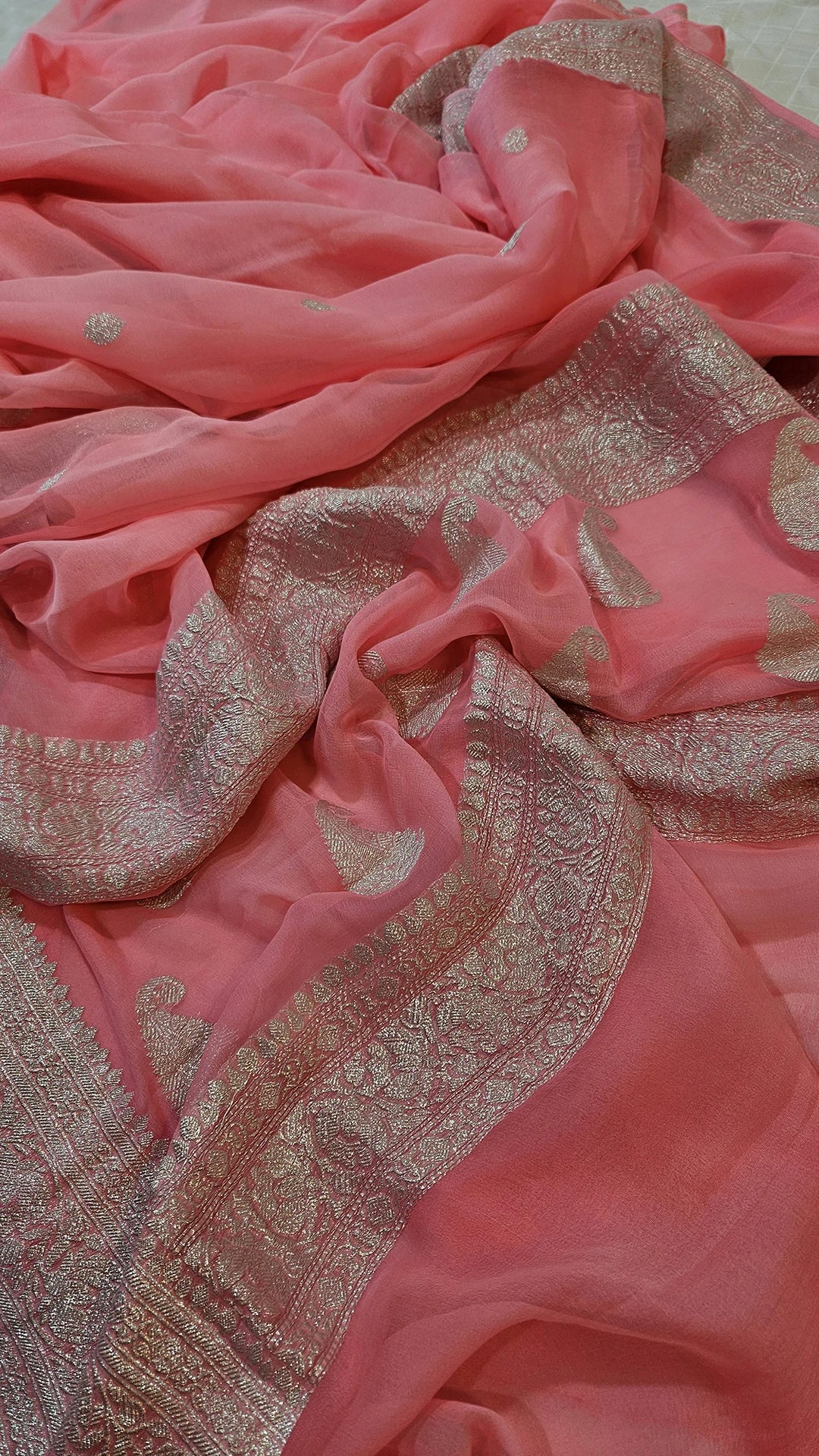 Baby Pink Khaddi Georgette Pure Banarasi Saree with Silver Zari Paisley Motifs by The Weaveloom