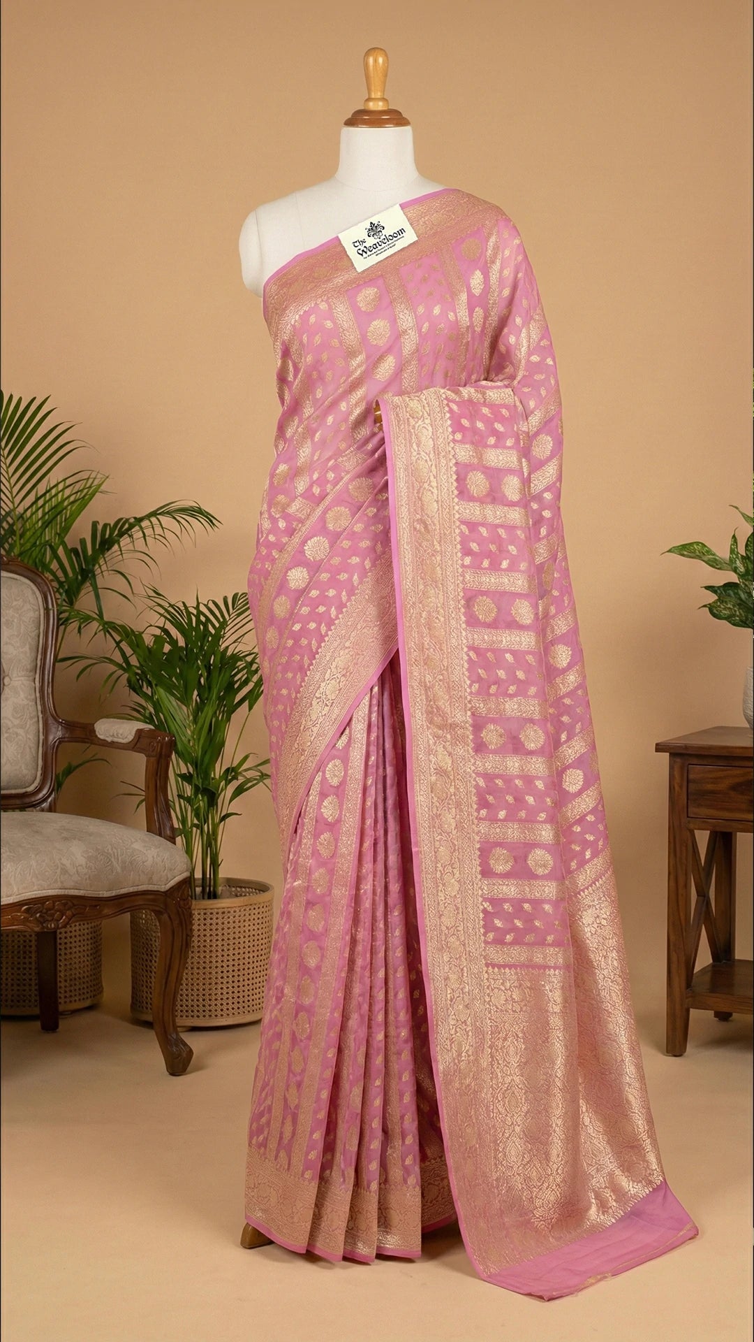 Baby Pink Khaddi Georgette Pure Banarasi Saree with Water Zari Motifs by The Weaveloom