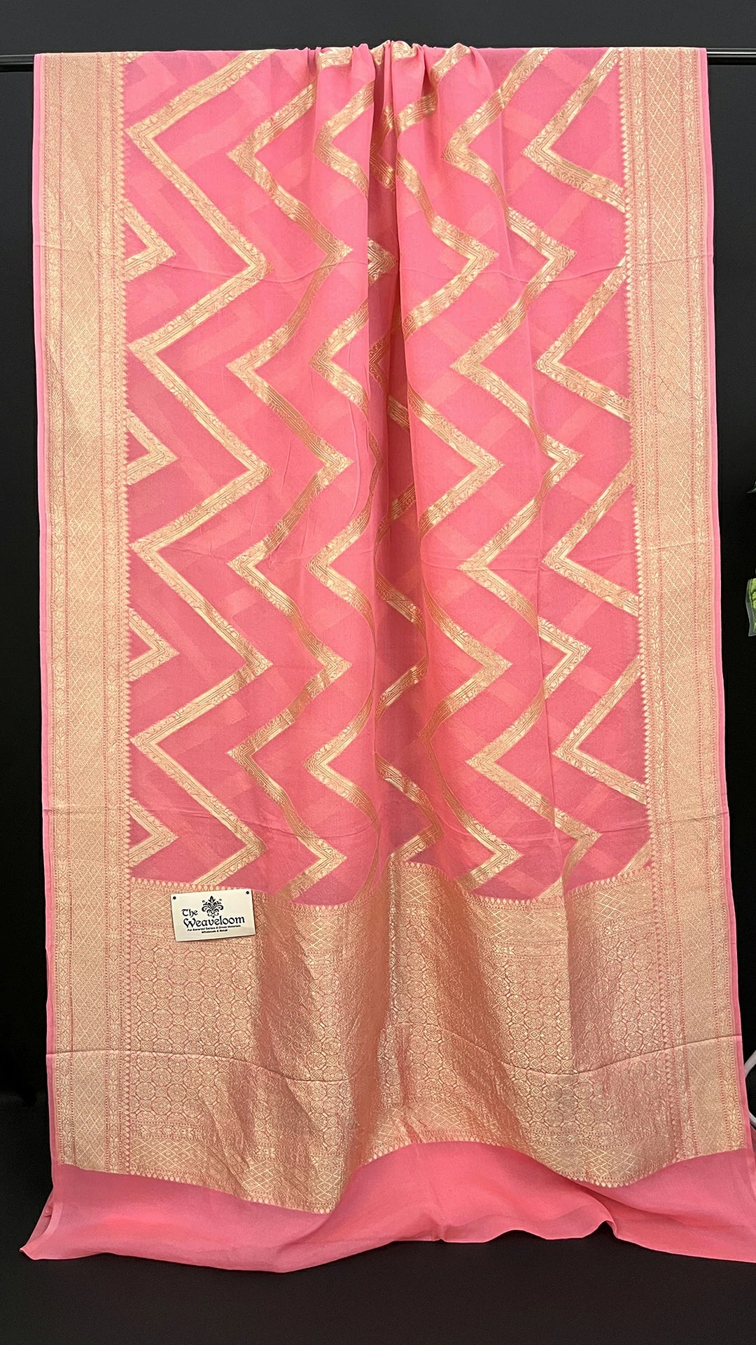 Baby Pink Khaddi Georgette Pure Banarasi Saree with Water Zari Zigzag Pattern by The Weaveloom