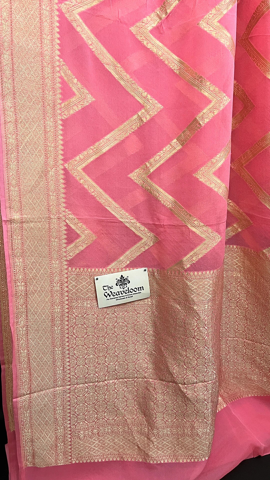Baby Pink Khaddi Georgette Pure Banarasi Saree with Water Zari Zigzag Pattern by The Weaveloom