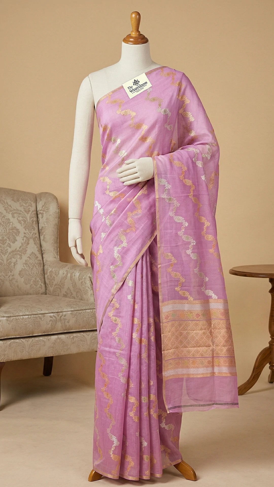 The Weaveloom baby pink kora silk kadwa Banarasi saree with zigzag sona rupa zari border