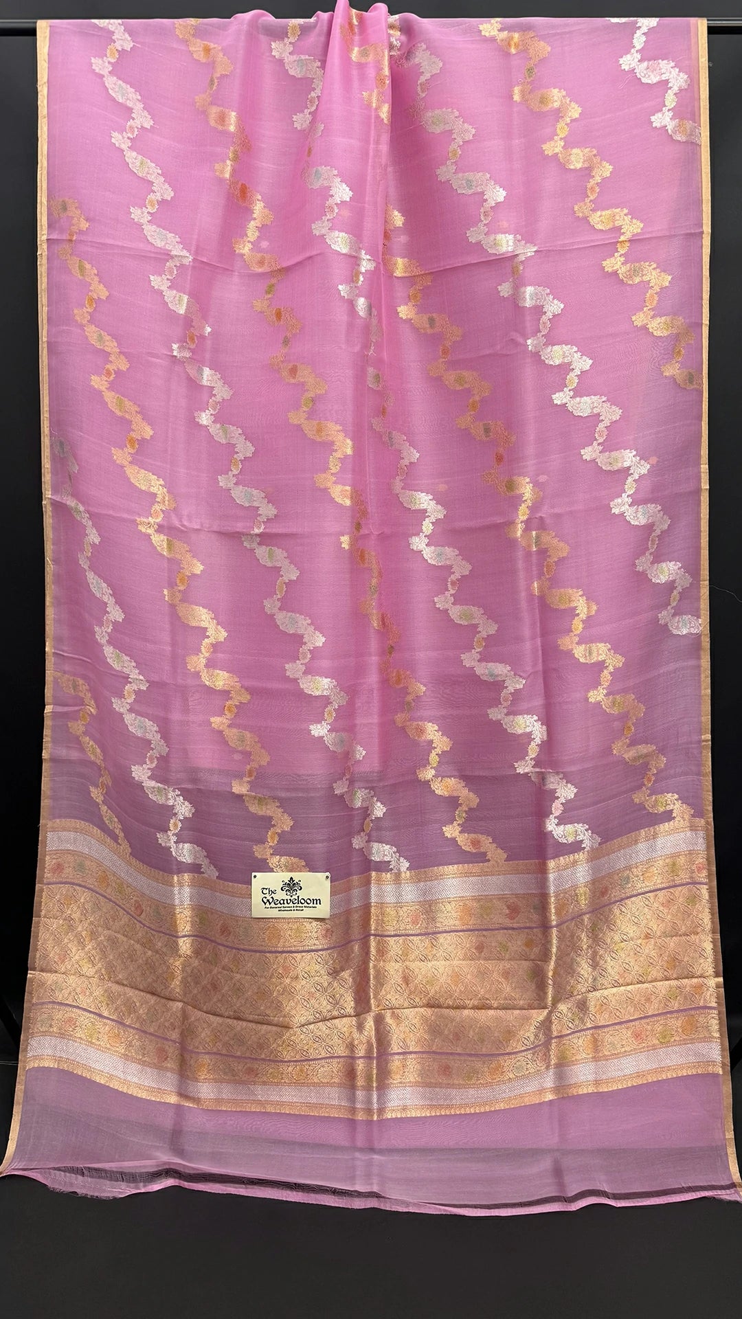 The Weaveloom baby pink kora silk kadwa Banarasi saree with zigzag sona rupa zari border