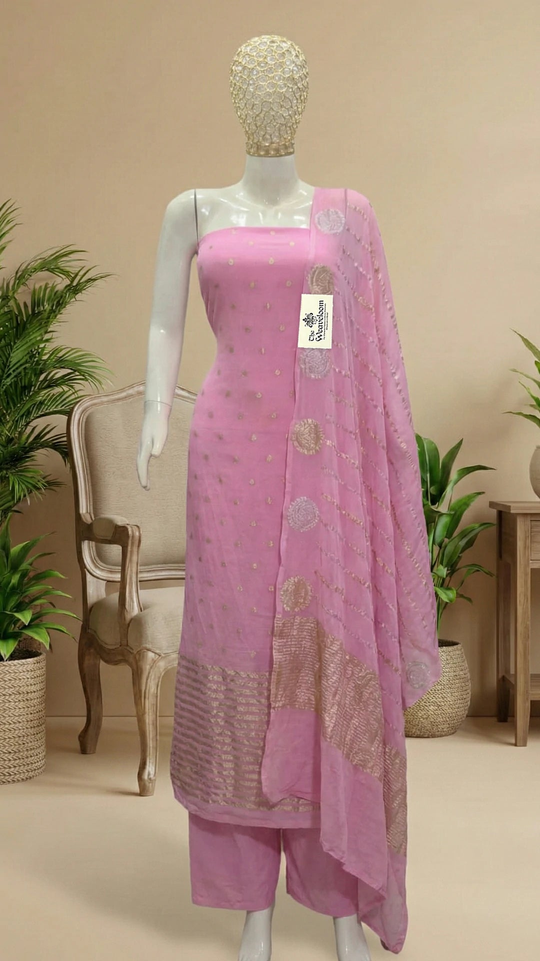 Baby Pink Pure Khaddi Georgette Banarasi Dress Material With Dupatta by The Weaveloom