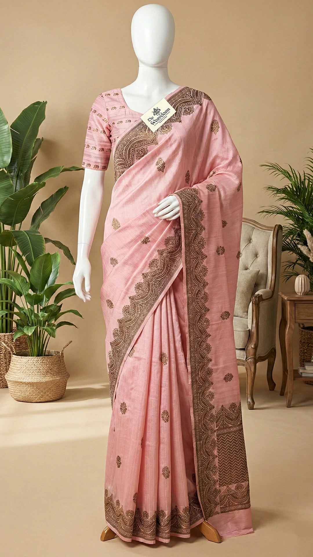 Baby Pink Raw Silk Pure Banarasi Saree with Antique Zari Border and Buti Pattern by The Weaveloom