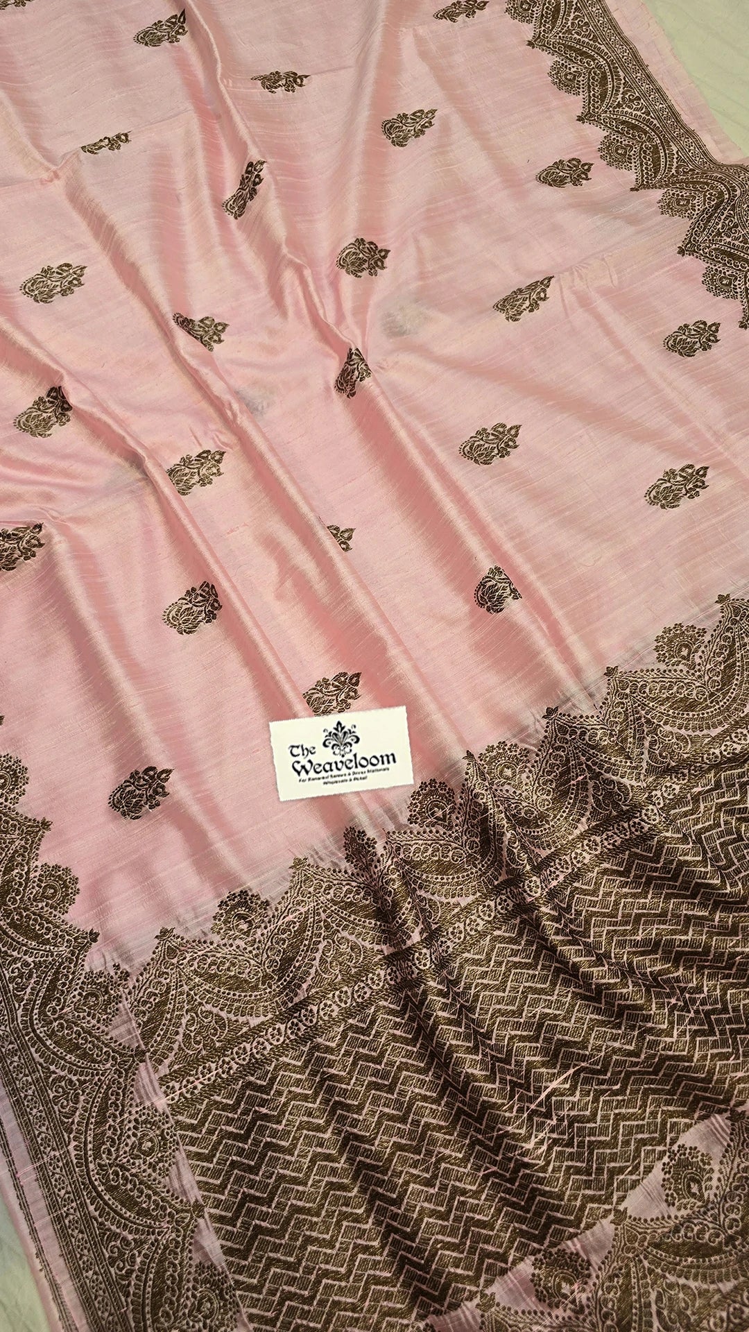 Baby Pink Raw Silk Pure Banarasi Saree with Antique Zari Border and Buti Pattern by The Weaveloom