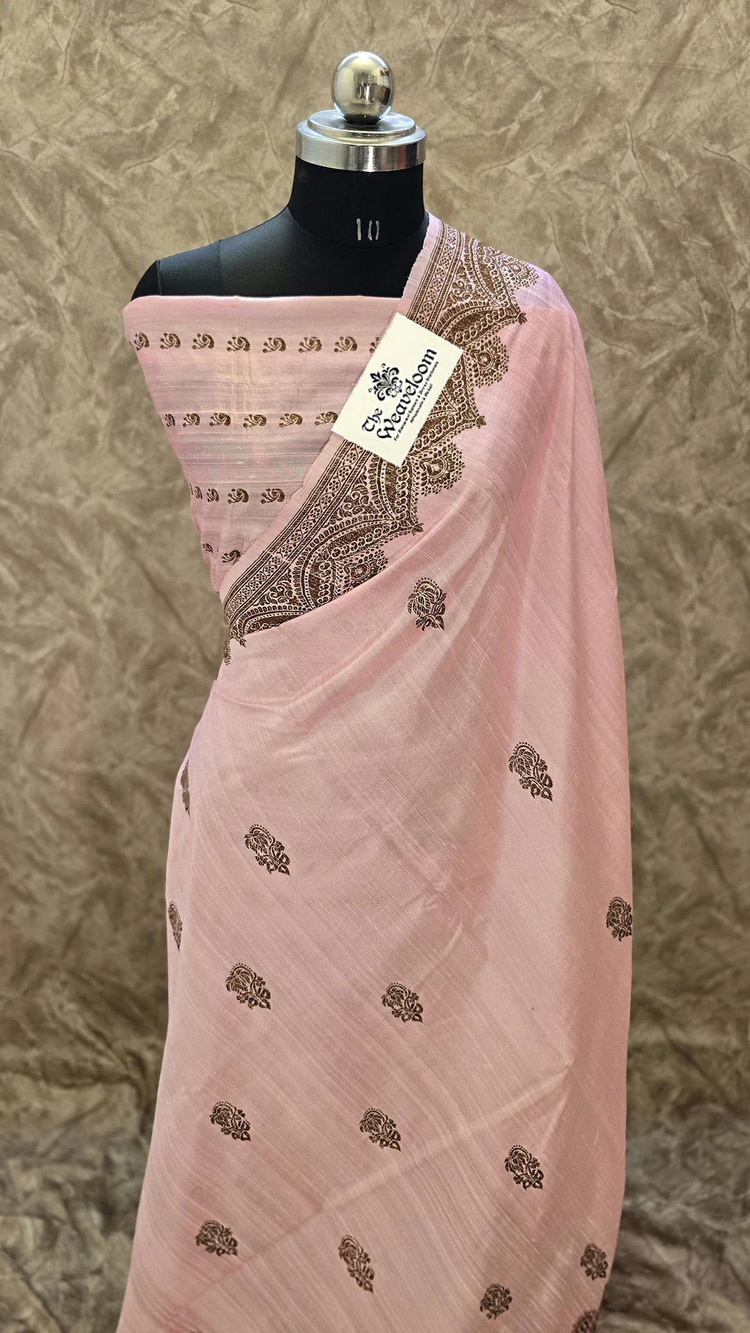 Baby Pink Raw Silk Pure Banarasi Saree with Antique Zari Border and Buti Pattern by The Weaveloom