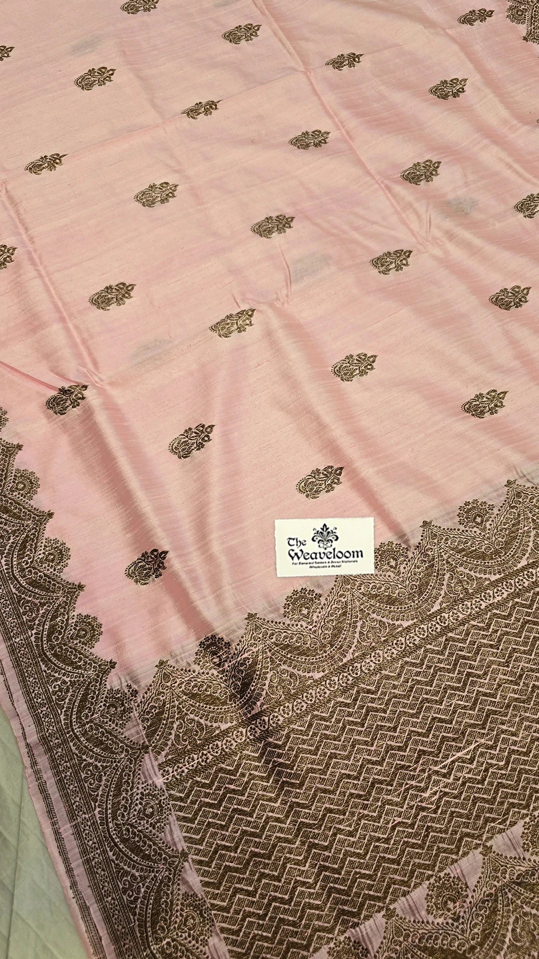 Baby Pink Raw Silk Pure Banarasi Saree with Antique Zari Border and Buti Pattern by The Weaveloom