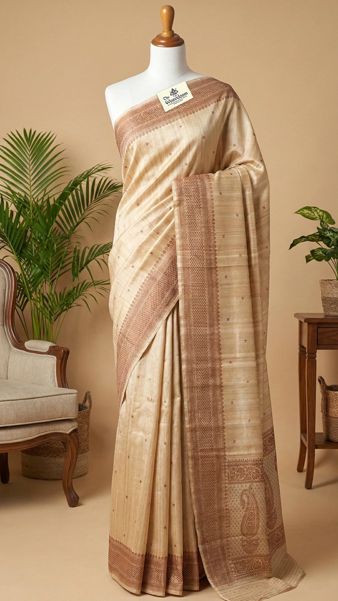 Beige Antique Zari Paisley Border Raw Silk Pure Handloom Banarasi Saree With Contrast Red Blouse by The Weaveloom