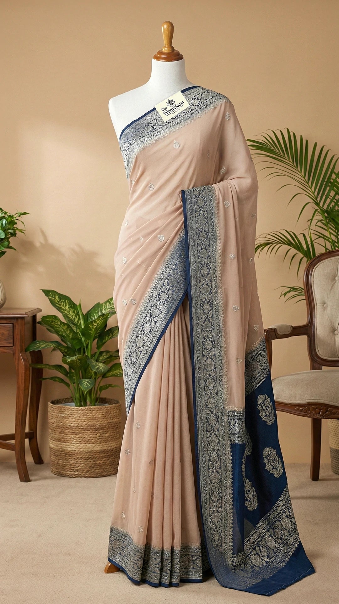 Beige Khaddi Georgette Pure Banarasi Saree with Navy Blue Silver Zari Border by The Weaveloom
