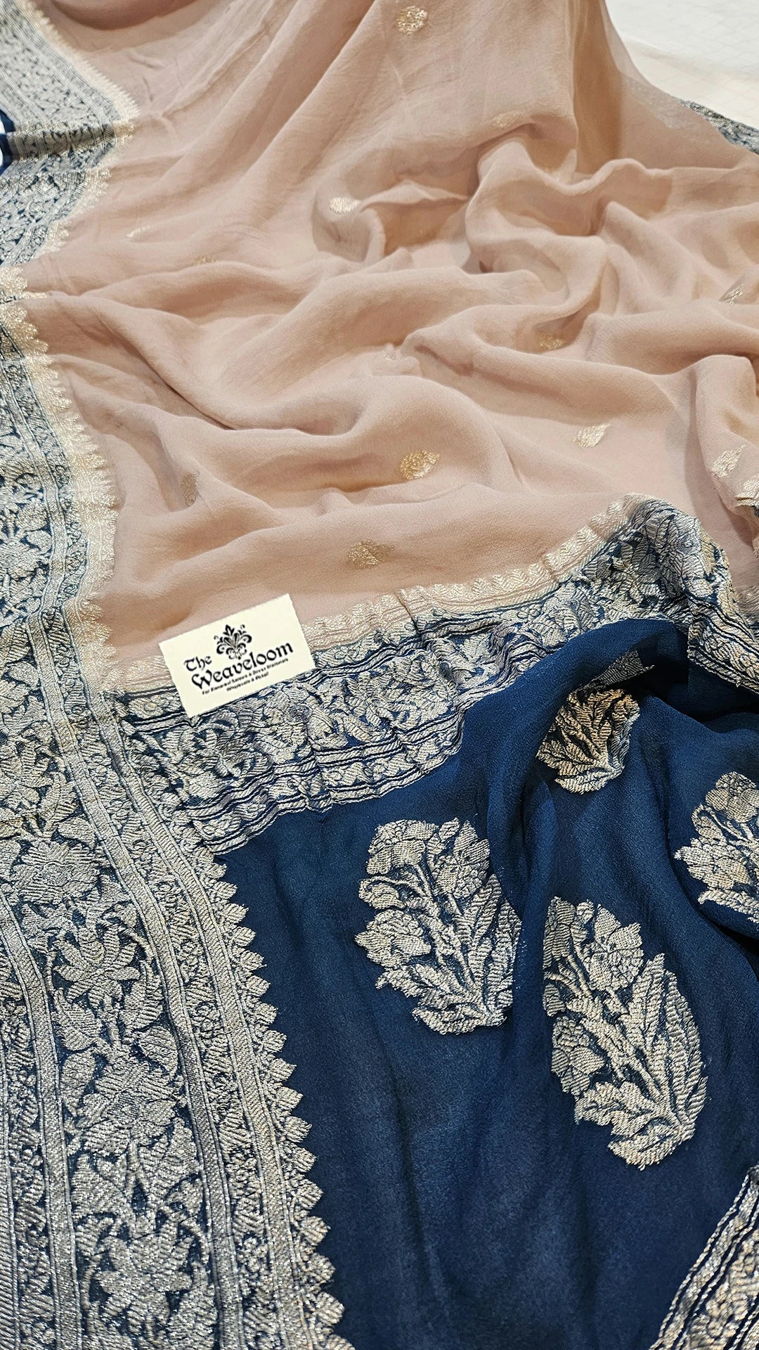 Beige Khaddi Georgette Pure Banarasi Saree with Navy Blue Silver Zari Border by The Weaveloom