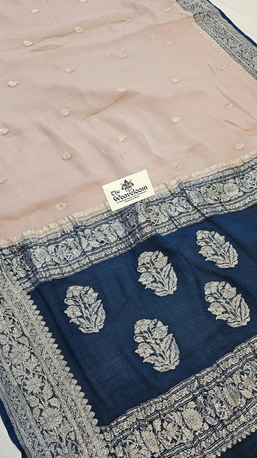 Beige Khaddi Georgette Pure Banarasi Saree with Navy Blue Silver Zari Border by The Weaveloom