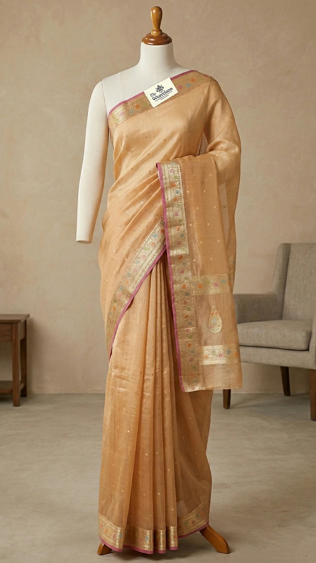 Beige Kora Silk Banarasi Saree with Golden Zari Buti and Multicolor Border by The Weaveloom