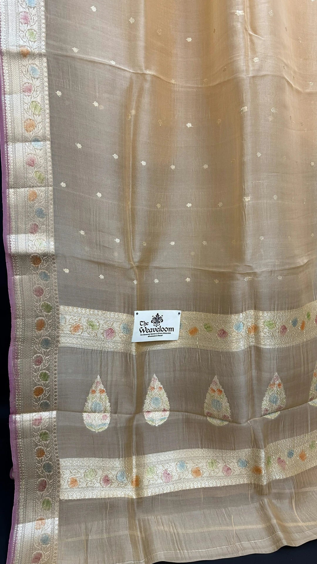 Beige Kora Silk Banarasi Saree with Golden Zari Buti and Multicolor Border by The Weaveloom