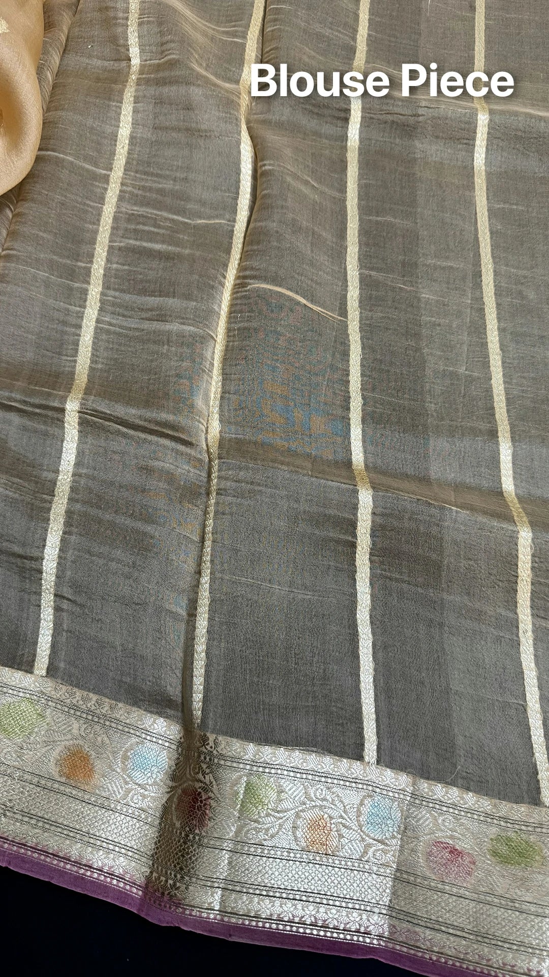 Beige Kora Silk Banarasi Saree with Golden Zari Buti and Multicolor Border by The Weaveloom