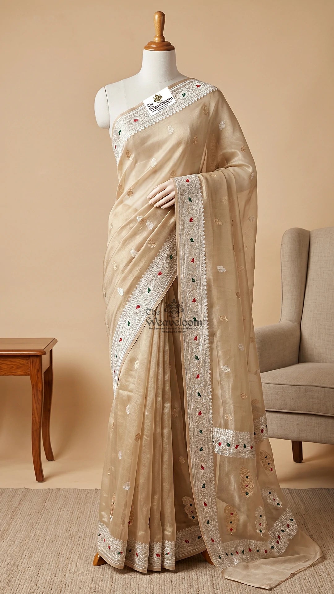 Beige Tissue Georgette Handloom Banarasi Saree with Paisley Pallu by The Weaveloom