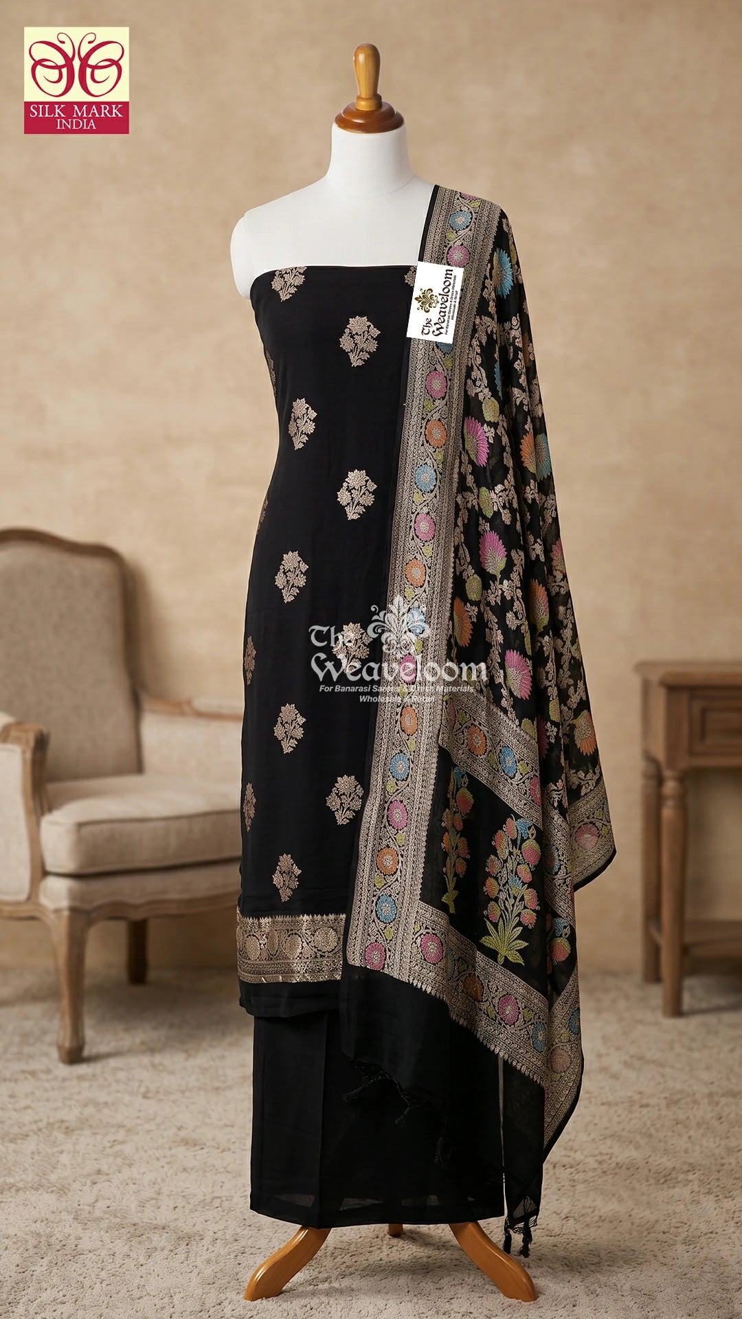 Black floral buti handbrushed Khaddi Georgette pure Banarasi dress material with dupatta by The Weaveloom