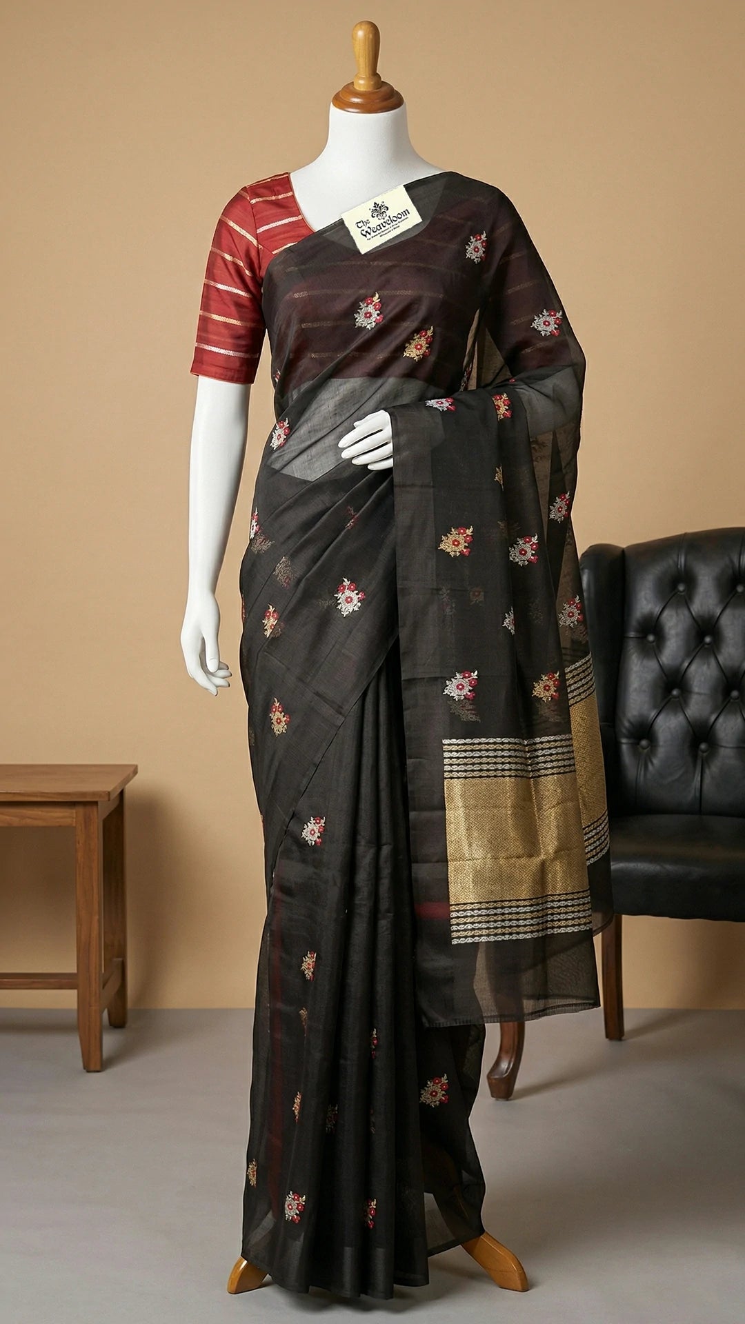 The Weaveloom black handloom banarasi saree kadwa lock weaving meenakari floral buta sona rupa zari red blouse