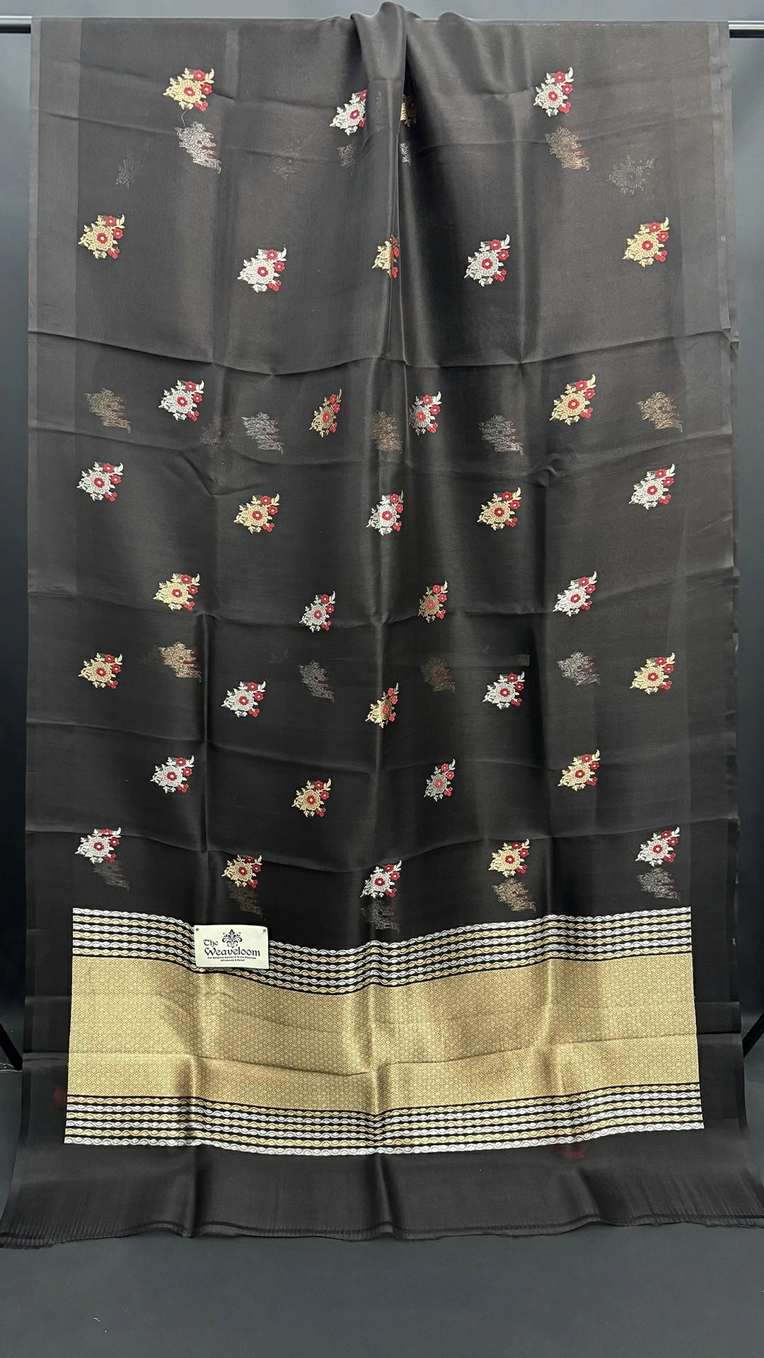 The Weaveloom black handloom banarasi saree kadwa lock weaving meenakari floral buta sona rupa zari red blouse