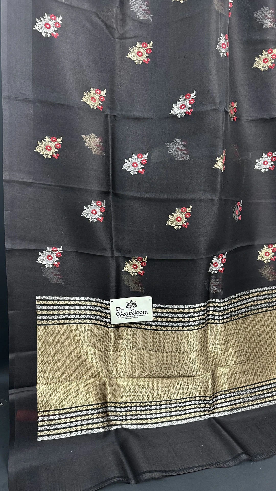 The Weaveloom black handloom banarasi saree kadwa lock weaving meenakari floral buta sona rupa zari red blouse