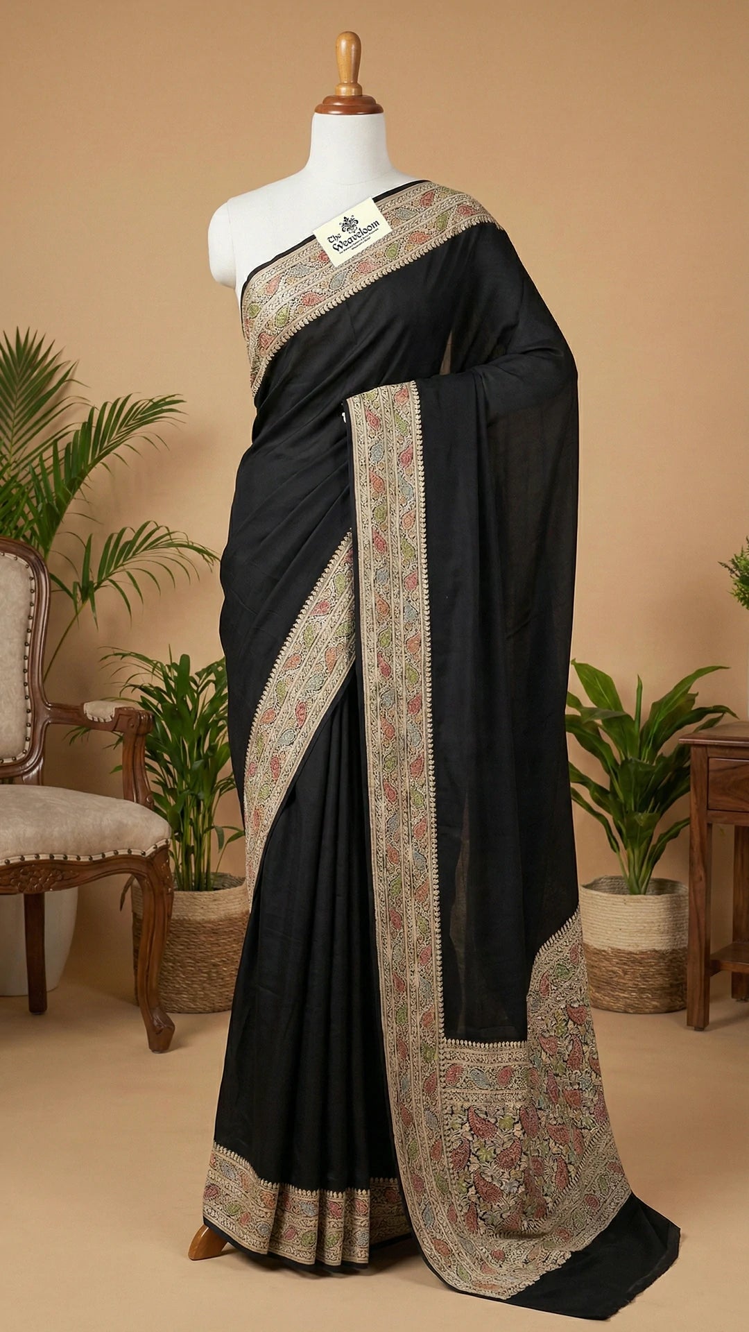 Black Khaddi Georgette Banarasi Saree With Multicolour Handbrush Water Zari Border – The Weaveloom
