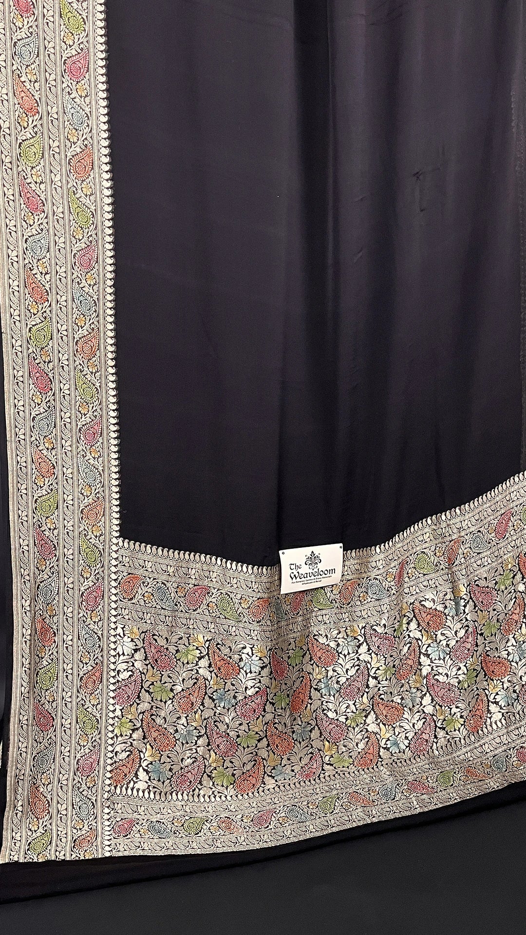 Black Khaddi Georgette Banarasi Saree With Multicolour Handbrush Water Zari Border – The Weaveloom